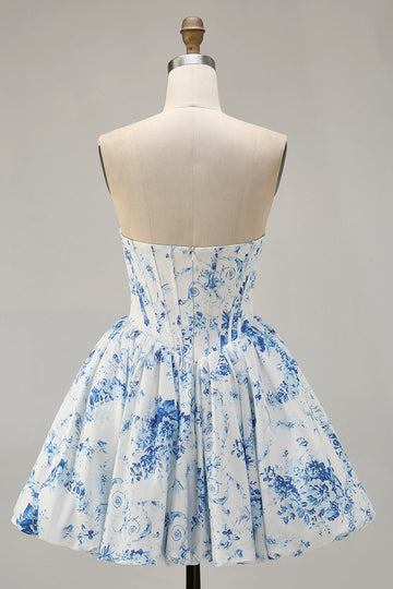 Strapless White Blue Flower A-Line Printed Cocktail Dress with Beading